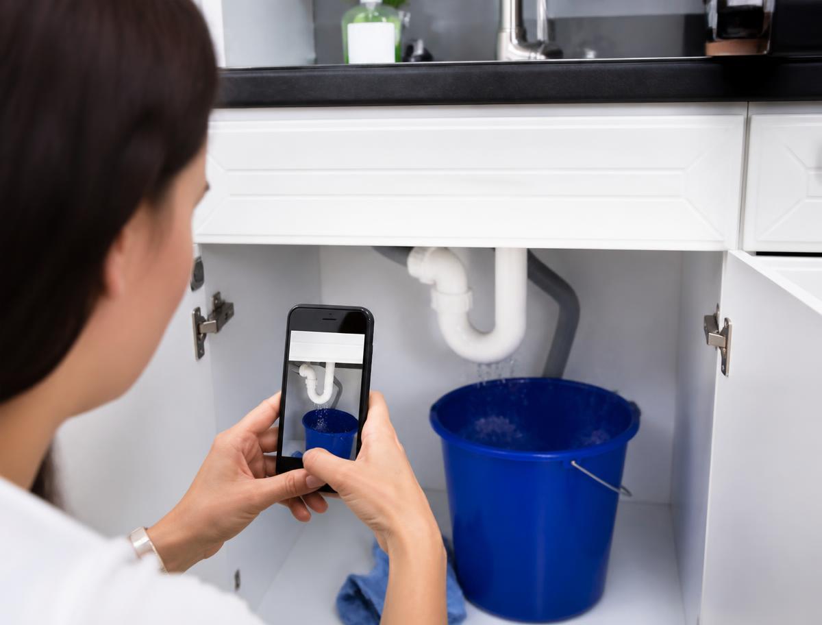 Homeowner photographing a leaking pipe under the kitchen sink